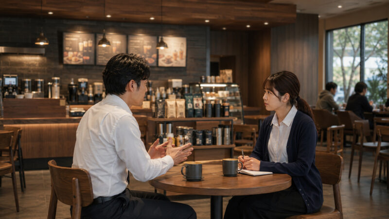 スターバックスで1on1面談をしているイメージ